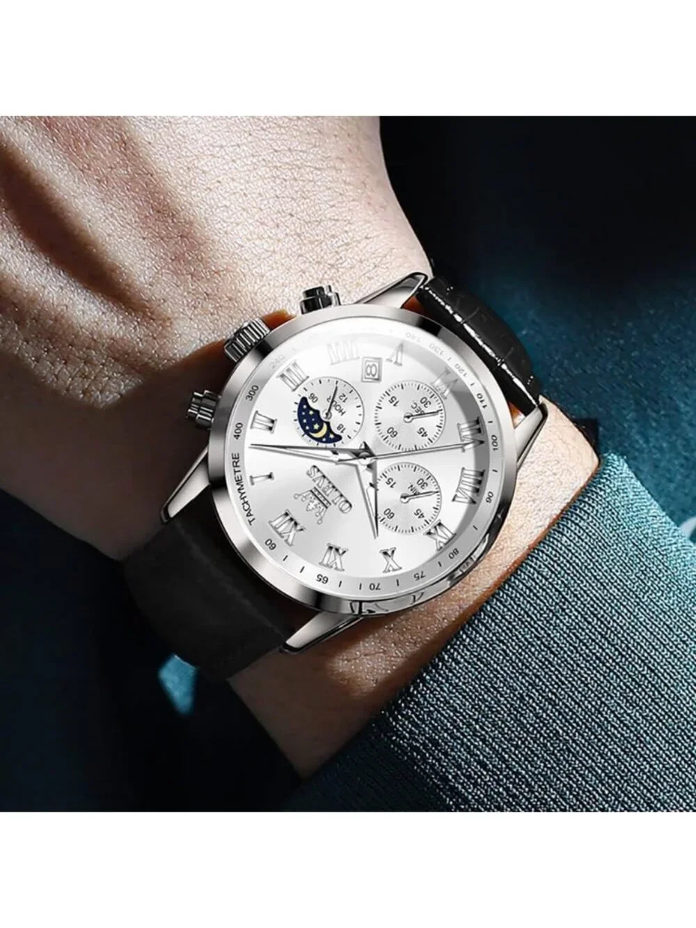 Men's Black White Leather Analog Quartz Luxury Chronograph Waterproof Wristwatch